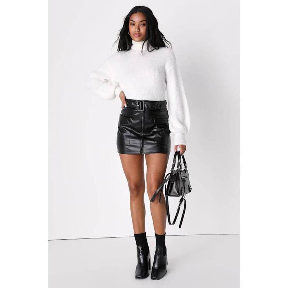 Lulus Effortlessly Edgy Black Vegan Leather Belted Mini Skirt - Size M